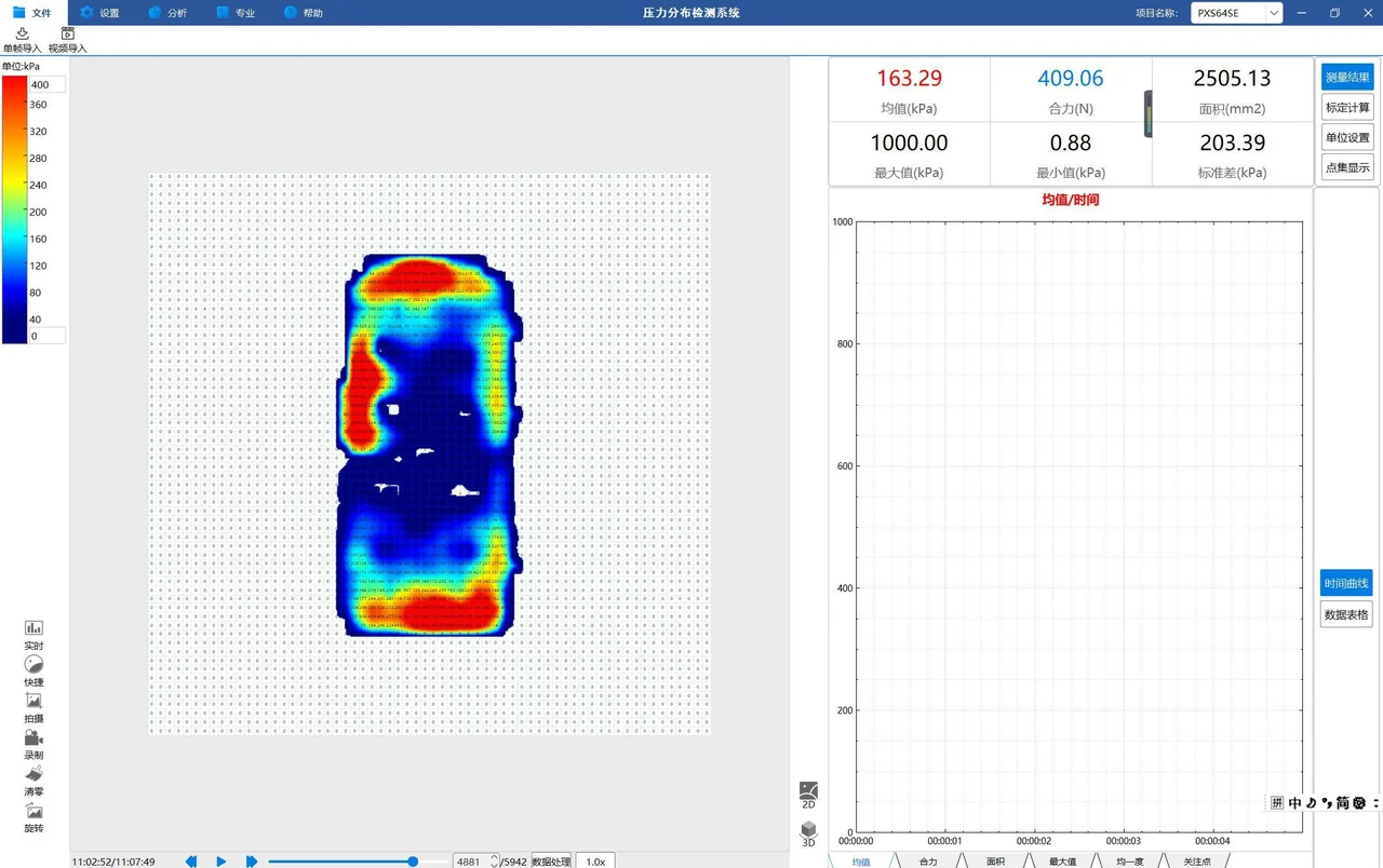 Pressure mapping software showing a rectangular heatsink footprint with high pressure at both ends and a low-pressure band across the middle