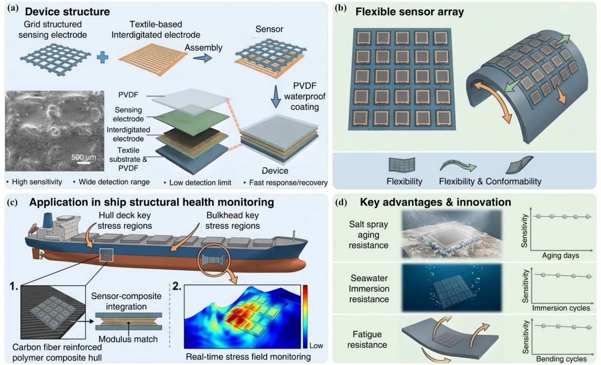 A textile pressure array maps hull stress in the gaps between strain gauges